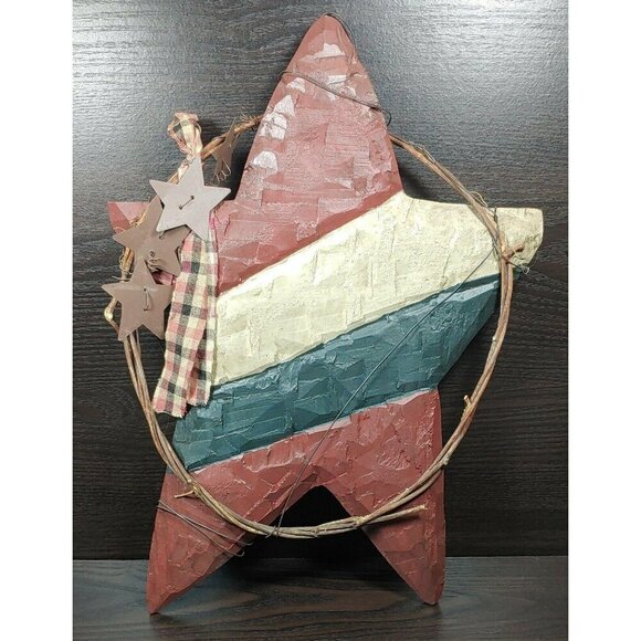 Rustic Vintage Wooden Star Wall Decor With Metal Stars & Plaid Ribbon Patriotic - Picture 1 of 10